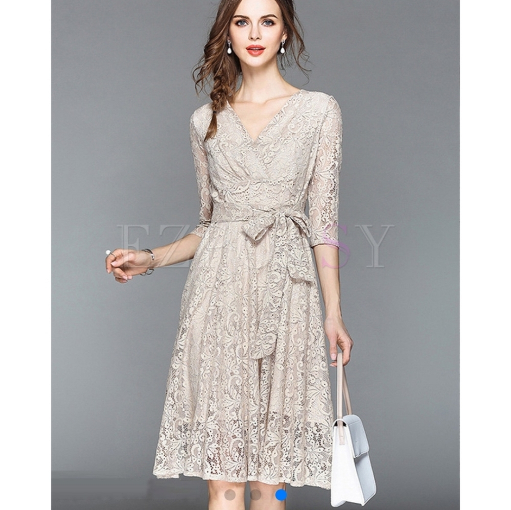 3/4 Sleeve High Waisted Lace Dress